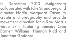 In December 2013 Malgorzata collaborated with Julie Strandberg and director Nadia Marquard Otzen to create a choreography and provide movement direction for a Rae Morris video Skin, featuring dancers Cree Barnett Williams, Hannah Kidd and Jonathan Goddard. 